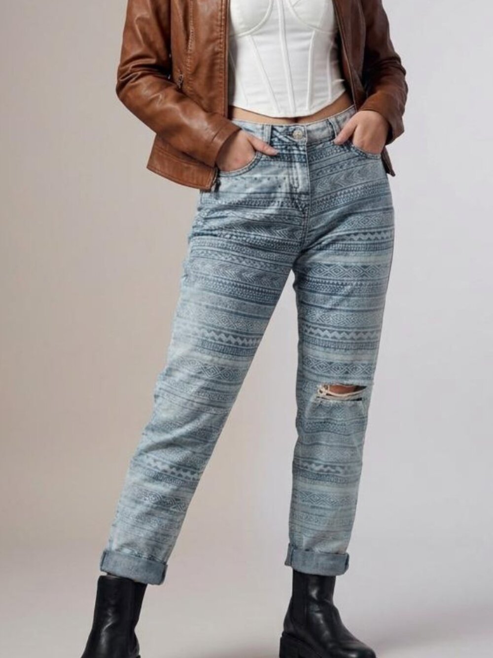 Zara TRF Baggy Distressed Tribal Geometric Print Jeans